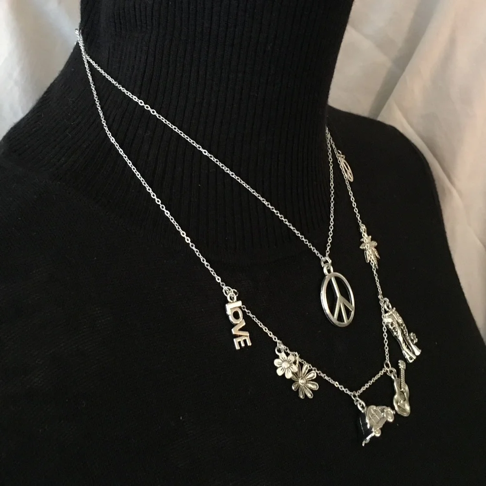 “Groovy Hippie" Handmade 2-Layer Necklace, Flower Power Peace Love Music VW Bug - Picture 9 of 15